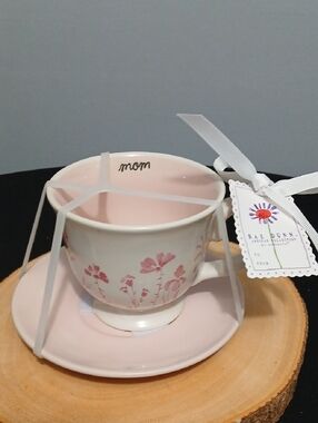 New!! Rae Dunn Pink Floral Ceramic Teacup & Saucer with Gift Tag NWT